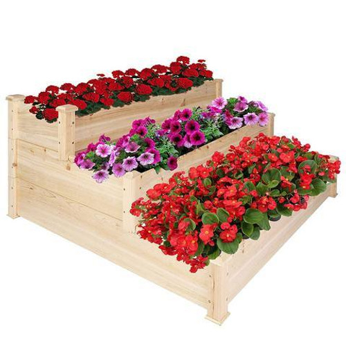 Bosonshop 3 Tier Raised Garden Bed Kit Wooden Planter Box Heavy Duty Solid Fir Wood;  47" x 47" x 21"