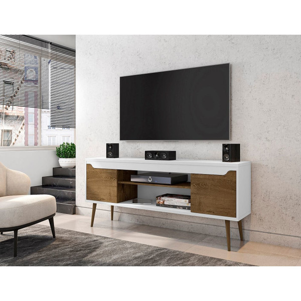 Manhattan Comfort Bradley 62.99 TV Stand White and Rustic Brown with 2 Media Shelves and 2 Storage Shelves in White and Rustic Brown with Solid Wood Legs