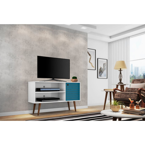Manhattan Comfort Liberty 42.52" Mid-Century Modern TV Stand with 2 Shelves and 1 Door in White and Aqua Blue