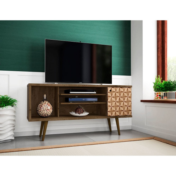 Manhattan Comfort Liberty 53.14" Mid-Century Modern TV Stand with 5 Shelves and 1 Door in Rustic Brown and 3D Brown Prints