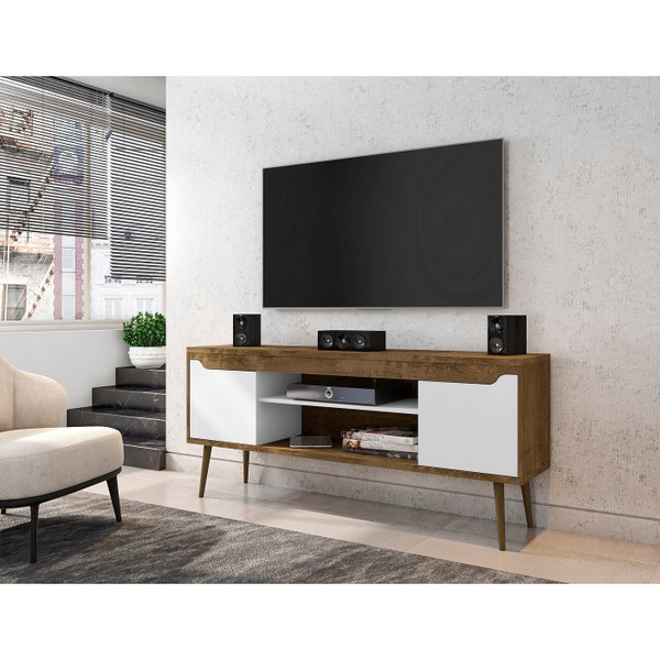 Manhattan Comfort Bradley 62.99 TV Stand Rustic Brown and White with 2 Media Shelves and 2 Storage Shelves in Rustic Brown and White with Solid Wood Legs
