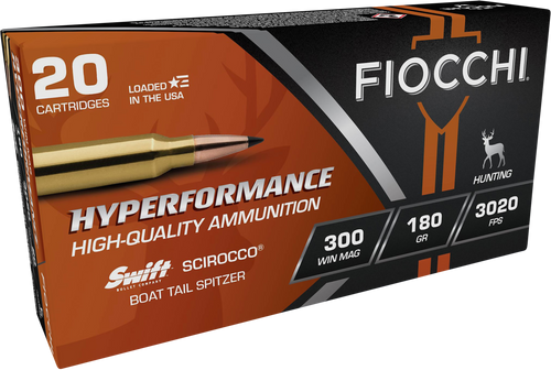 Fiocchi Hyperformance 300 Win Mag 180gr Swift Scirocco II Boat Tail Spitzer Rifle Ammo, 20rd Box - 300WMSCA