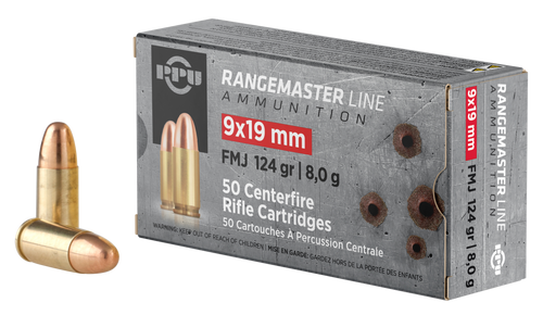 PPU Rangemaster 9mm Luger 124gr FMJ Handgun Ammunition, 50rd Box - PPRM9