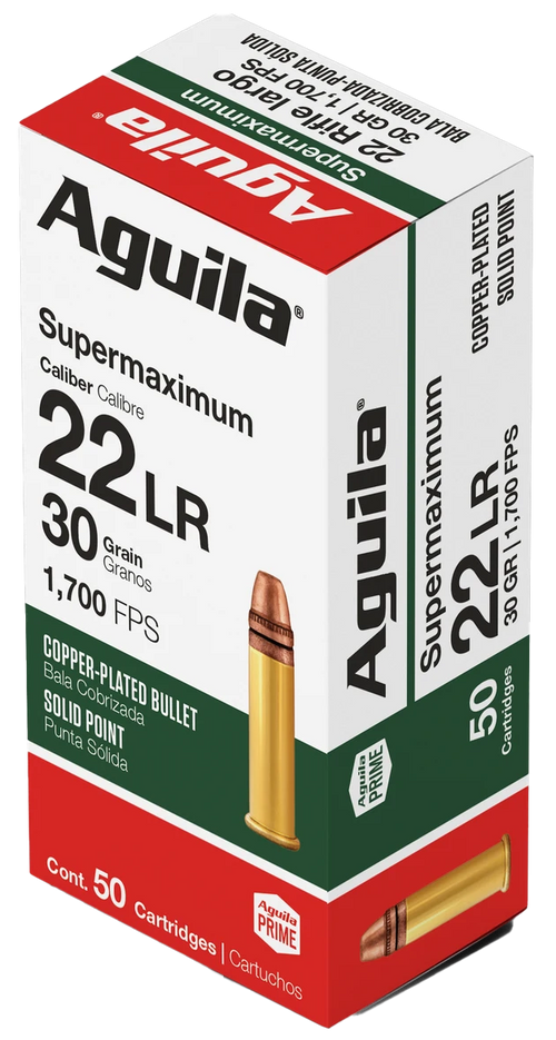 Aguila Brass .22 LR Supermaximum 30gr Copper Plated Solid Point 50 Round Box - 1B220298