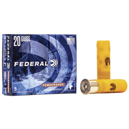 Federal Power-Shok Magnum Plastic 20 Gauge 3" 2 Buck 18 Pellets 5 Round Box - F2072B