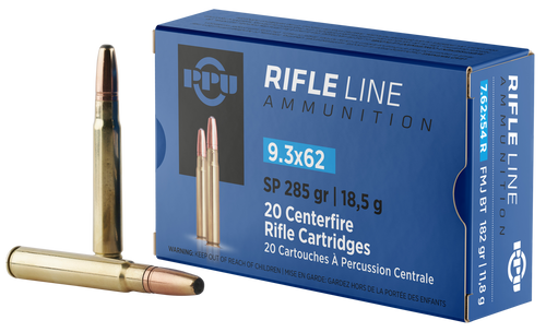 PPU 9.3x62 Mauser 285gr Soft Point Rifle Ammo, Brass - PP9362