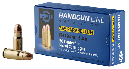 PPU 7.65x21mm Parabellum 93gr Full Metal Jacket Handgun Ammo, 50 Round Box - PPH765P