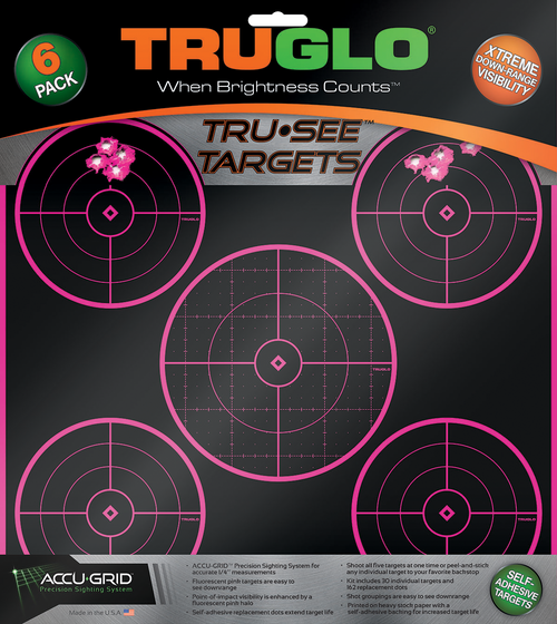 Truglo Tru-See 5-Bull Target Self-Adhesive Black/Pink 12" x 12" 6 Pack - TG11P6