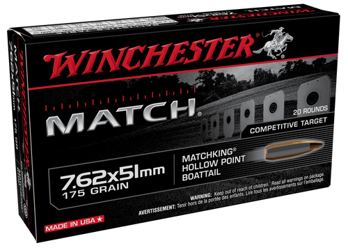 Winchester Match 7.62x51mm NATO 175gr BTHP Rifle Ammo, 20 Rounds - S76251M