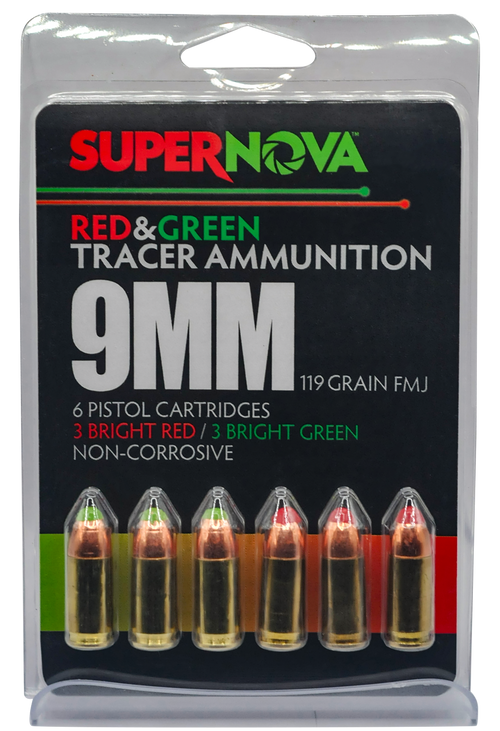 EAA Supernova 9mm Luger 119gr Full Metal Jacket Handgun Ammo, Green/Red Tracer - PMSN9MMMP
