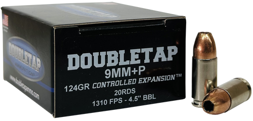 DoubleTap Ammunition 9mm+P 124gr Controlled Expansion JHP Handgun Ammo, 20 Per Box - 9MM124HP20