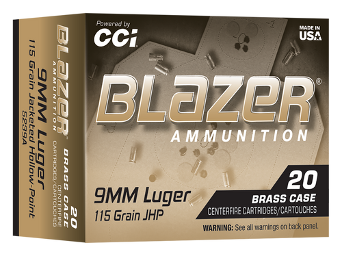 CCI Blazer Brass 9mm Luger 115gr Jacketed Hollow Point Handgun Ammunition, 20rd Box - 5239A