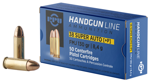 PPU .38 Super +P 130gr FMJ Handgun Ammunition, 50/Box - PPH38SU