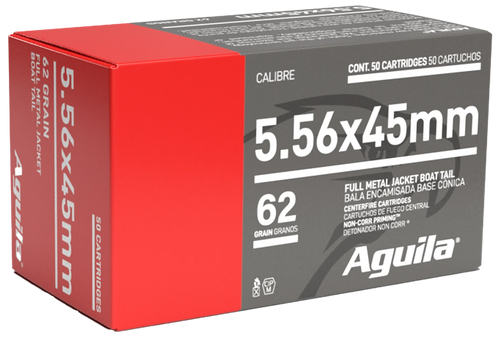 Aguila 5.56x45mm NATO 62gr Full Metal Jacket Boat Tail Rifle Ammo, 50rd Box - 1E556110