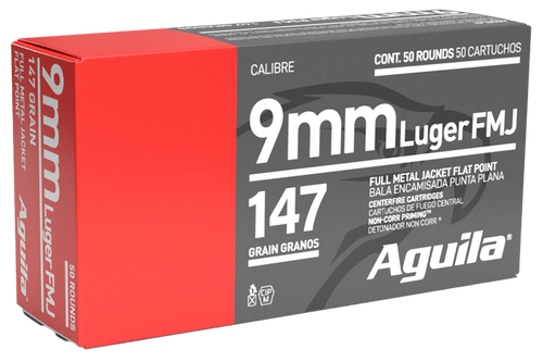 Aguila 9mm Luger 147gr Full Metal Jacket Flat Point Handgun Ammo, 50rd Box - 1E097719
