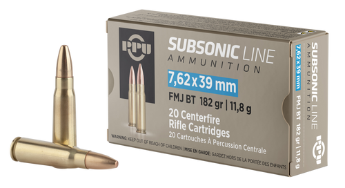 PPU Subsonic 7.62x39mm 182gr Full Metal Jacket Boat Tail Rifle Ammo, 20/Box - PPS76239