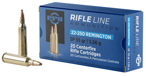 PPU 22-250 Rem 55gr Soft Point Rifle Ammunition, 20rd Box - PP22250