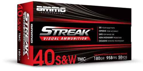 Ammo Inc Streak Visual 40 S&W 180gr Total Metal Case Red Tracer, 50rd Box - 40180TMCSTRKRED50