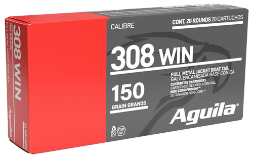 Aguila 308 Win 150gr Full Metal Jacket Boat Tail Rifle Ammo, 20rd Box - 1E308110