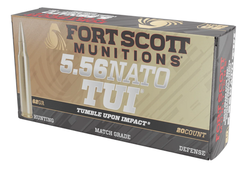Fort Scott Munitions 5.56x45mm NATO 62gr Tumble Upon Impact (TUI) Solid Brass Spun Rifle Ammo, 20rd Box - 556062SBV1