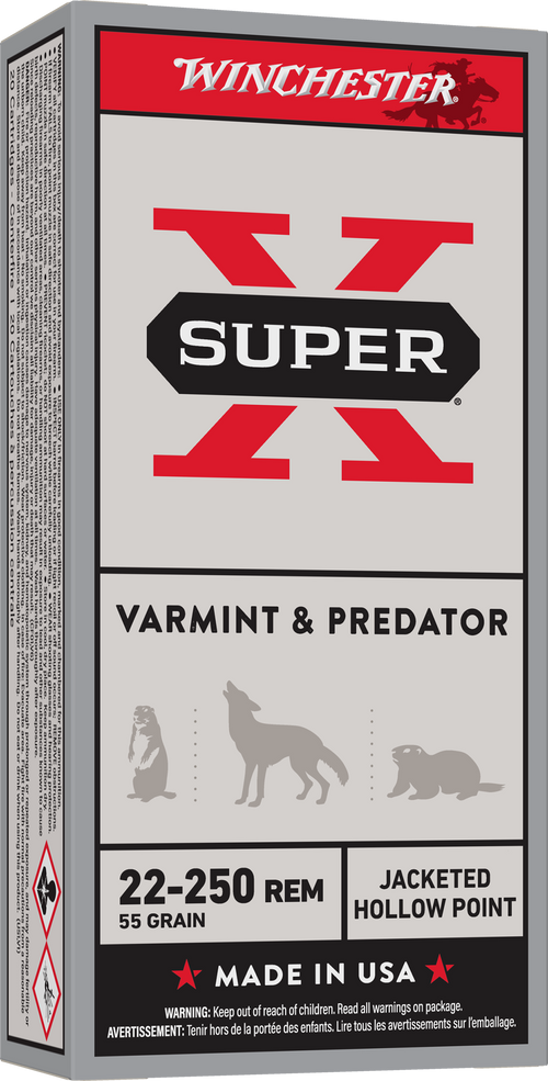 Winchester Super X Varmint & Predator 22-250 Rem 55gr Jacketed Hollow Point Rifle Ammo, 20 Per Box - X22250HP