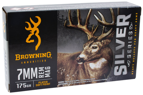 Browning Silver 7mm Rem Mag 175gr Plated Soft Point Rifle Ammo, 20 Round Box - B192600071