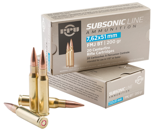 PPU Subsonic 7.62x51mm NATO 200gr Full Metal Jacket Boat Tail Rifle Ammo, 20/Box - PPS762