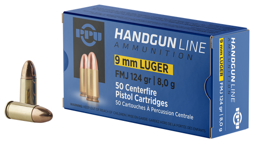 PPU 9mm Luger 124gr Full Metal Jacket Handgun Ammunition 50/Box - PPH9F2