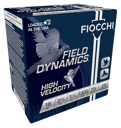 Fiocchi Field Dynamics High Velocity Plastic 16 Gauge 2.75" 1 1/8oz #7.5 Shot 25 Round Box - 16HV75