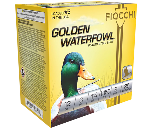 Fiocchi Golden Waterfowl Steel 12 Gauge 3" 1 1/4oz #2 Shot 25 Round Box - 123SGW2