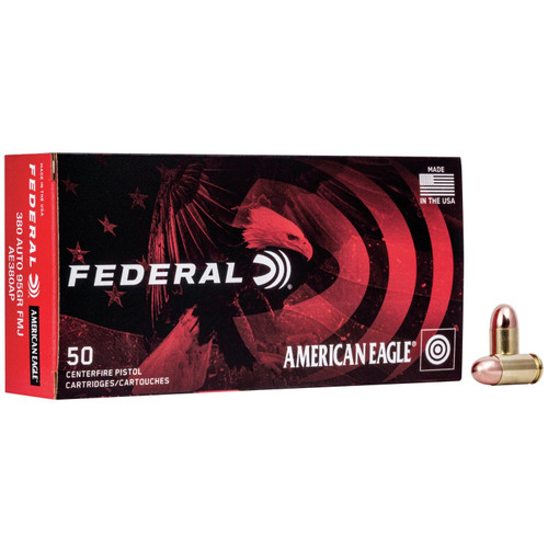 Federal American Eagle 380 ACP 95gr Full Metal Jacket Handgun Ammo, 50 Round Box - AE380AP