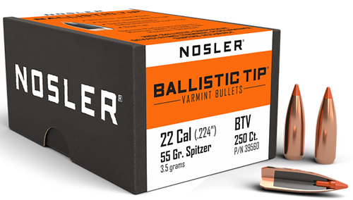 Nosler Ballistic Tip Varmint 22 Cal 55gr Spitzer Point Orange Tip 250/Box - 39560