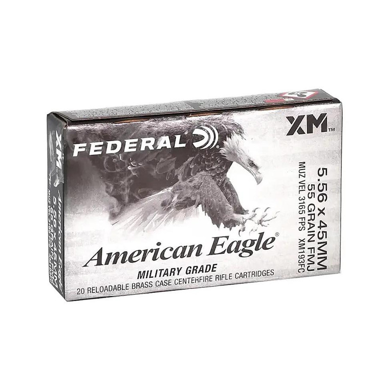 Federal American Eagle 5.56 NATO 55gr FMJ Rifle Ammunition, 20 Round Box - AE193