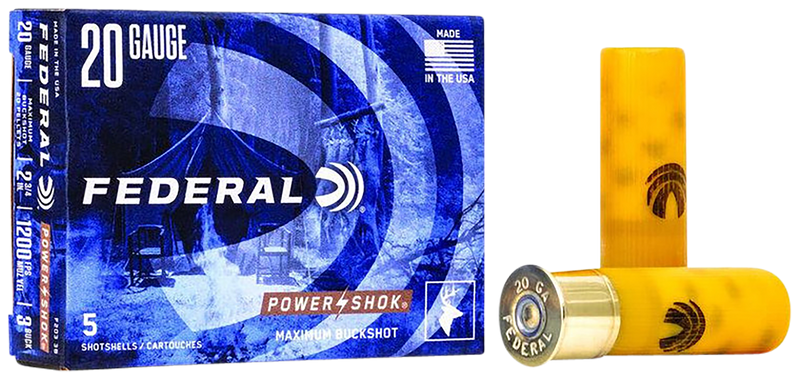 Federal Power-Shok Plastic 20 Gauge 2.75" #3 Buck 20 Pellets 5 Round Box - F2033B