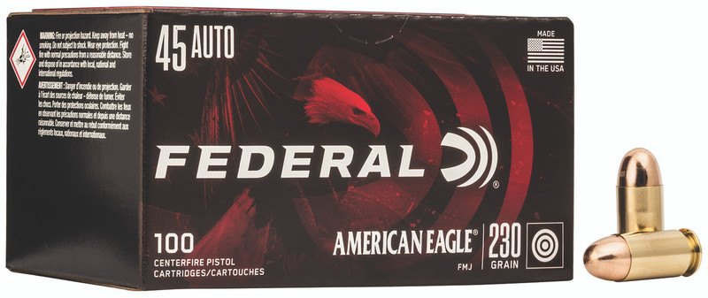 Federal American Eagle 45 ACP 230gr Full Metal Jacket Handgun Ammo, 100 Round Box - AE45A100