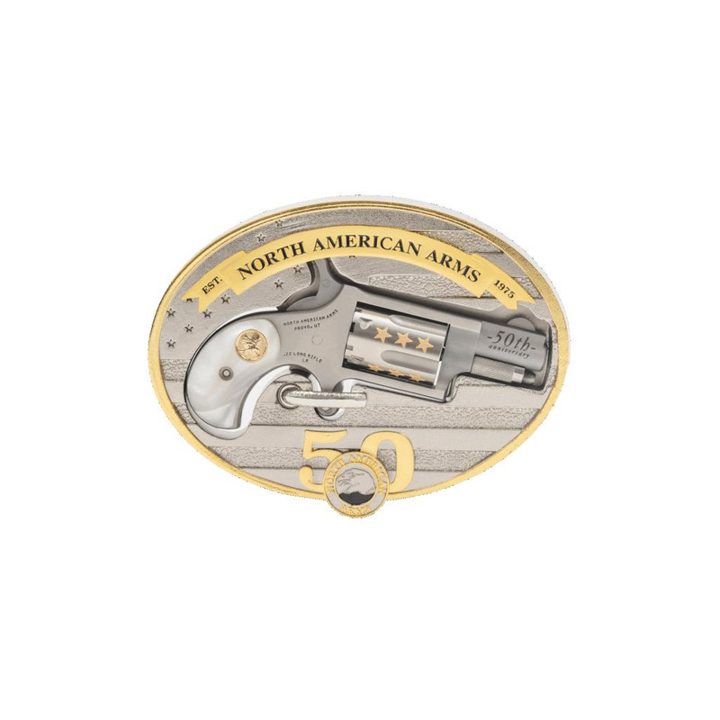 North American Arms 22LR Mini Revolver 50th Anniversary Belt Buckle 1.125" 5rd Stainless - NAA-22LR-BBO-50