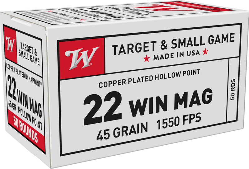 Winchester USA Dynapoint Brass .22 WMR 45gr Copper Plated Hollow Point 50 Round Box - USA22M