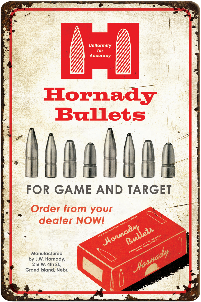 Hornady Bullets Tin Sign Rustic Red White Aluminum 12" x 18" - 99145