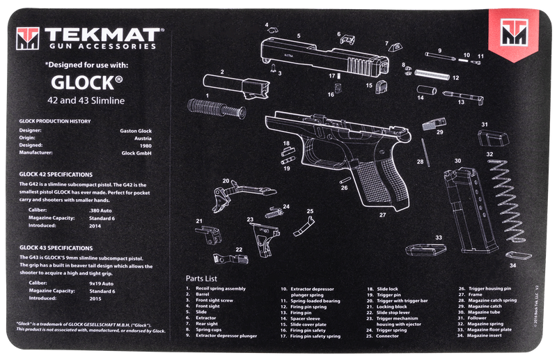 TekMat Glock 42/43 Cleaning Mat 11" x 17" Black - TEKR17GLOCK4243