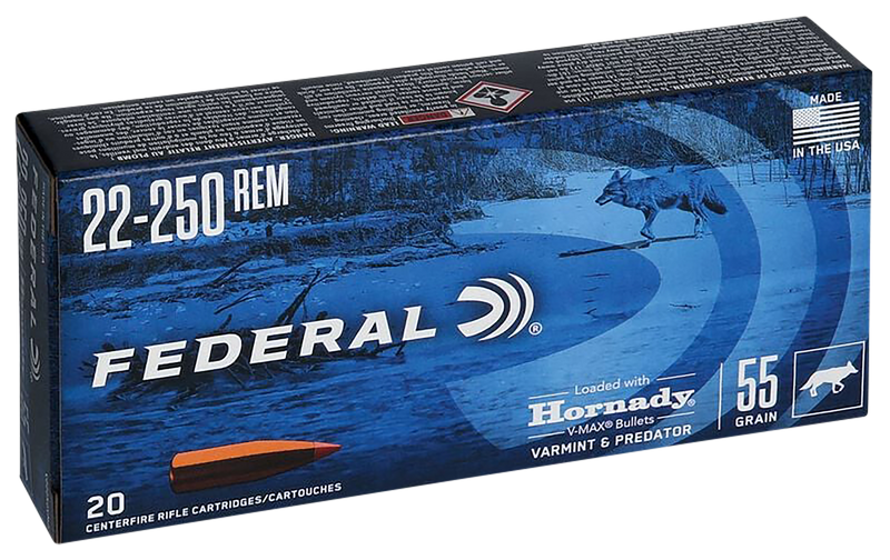 Federal Varmint & Predator 22-250 Rem 55gr V-Max Rifle Ammo, 20rd Box - V22250VM2
