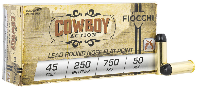 Fiocchi Cowboy Action 45 Colt 250gr Lead Round Nose Flat Point Handgun Ammo, 50/Box - 45LCCA