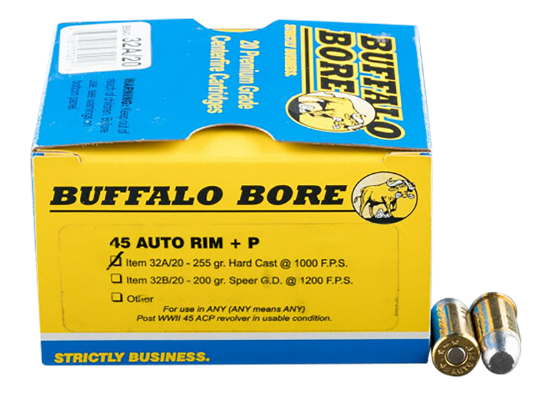 Buffalo Bore Ammunition Personal Defense Strictly Business 45 Auto Rim +P 255gr Hard Cast Flat Nose - 32A20