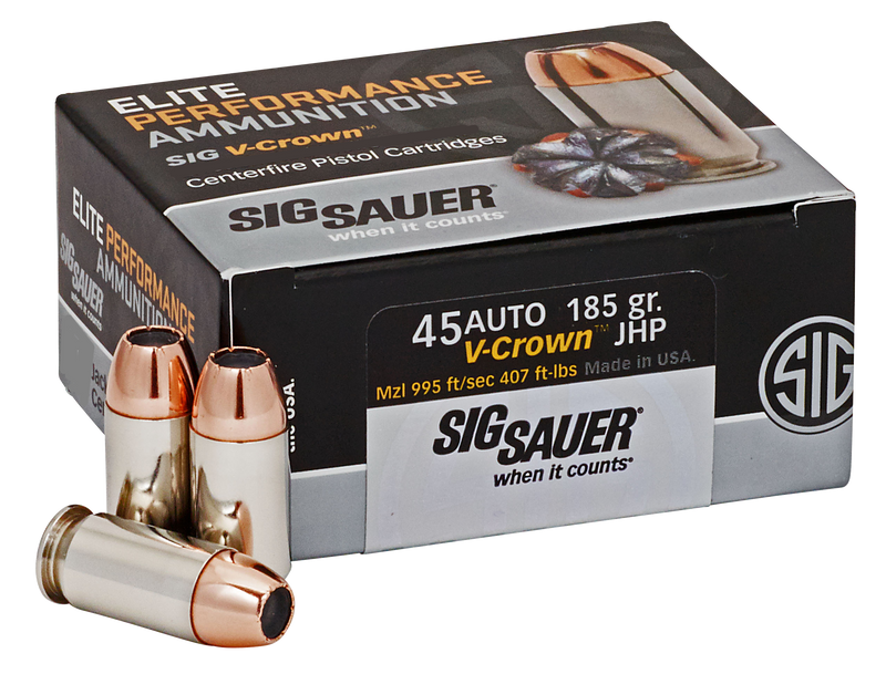 Sig Sauer Elite Performance 45 ACP 185gr V-Crown Jacketed Hollow Point Handgun Ammo, 50rd Box - E45AP050