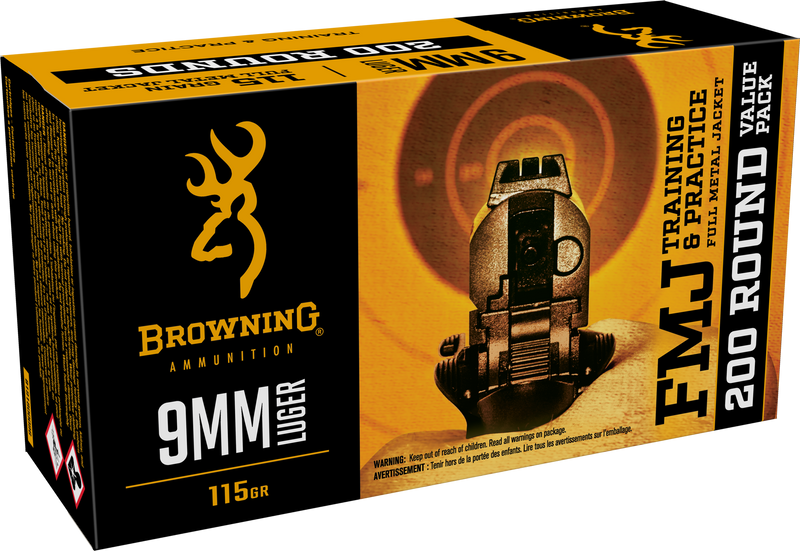 Browning 9mm Luger 115gr Full Metal Jacket Handgun Ammo, 200 Rounds Per Box - B191800096