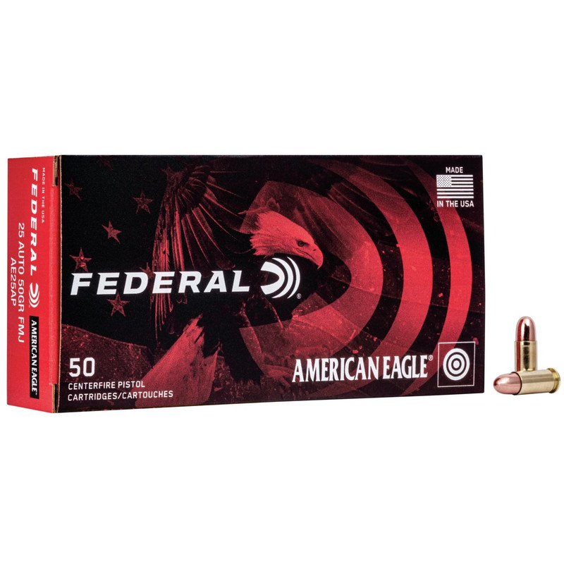 Federal American Eagle .25 ACP 50gr FMJ Handgun Ammunition, 50 Rounds - AE25AP
