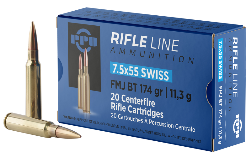 PPU 7.5x55mm Swiss 174gr Full Metal Jacket Boat Tail Rifle Ammunition, 20/Box - PP7SF