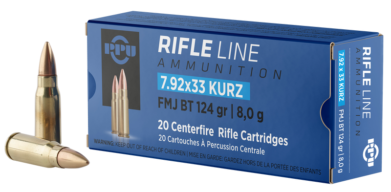 PPU 7.9x33mm Kurz 124gr Full Metal Jacket Boat Tail Rifle Ammo, 20rd Box - PP7K
