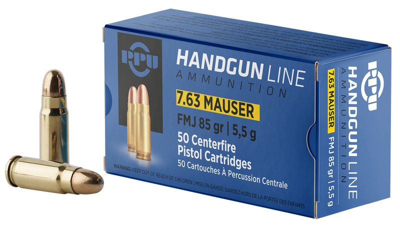 PPU 7.63mm Mauser 85gr FMJ Handgun Ammunition, 50 Per Box - PPH763