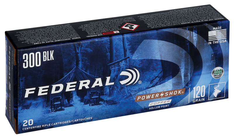 Federal Power-Shok 300 Blackout 120gr Copper Hollow Point Rifle Ammo, 20rd Box - 300BLK120LFA