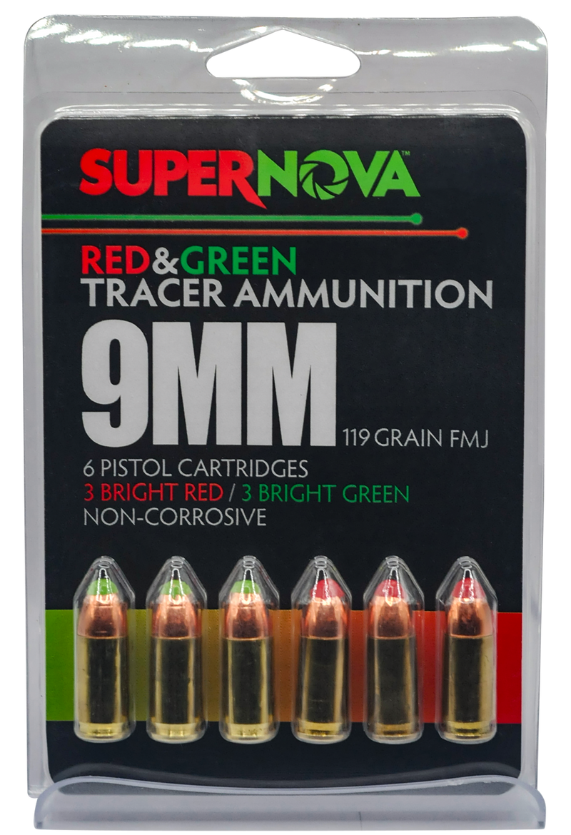 EAA Supernova 9mm Luger 119gr Full Metal Jacket Handgun Ammo, Green/Red Tracer - PMSN9MMMP